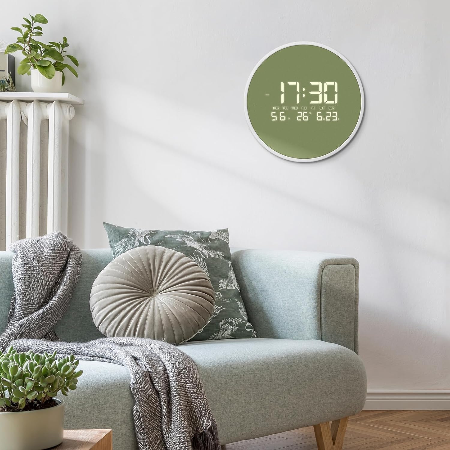 LED Digital Wall Clock with Temperature Humidity Display Auto Light Sensor 12/24H Format Large Number Calendar Modern Decorative 12-Inch Round Clocks for Living Room Bedroom Office Kitchen