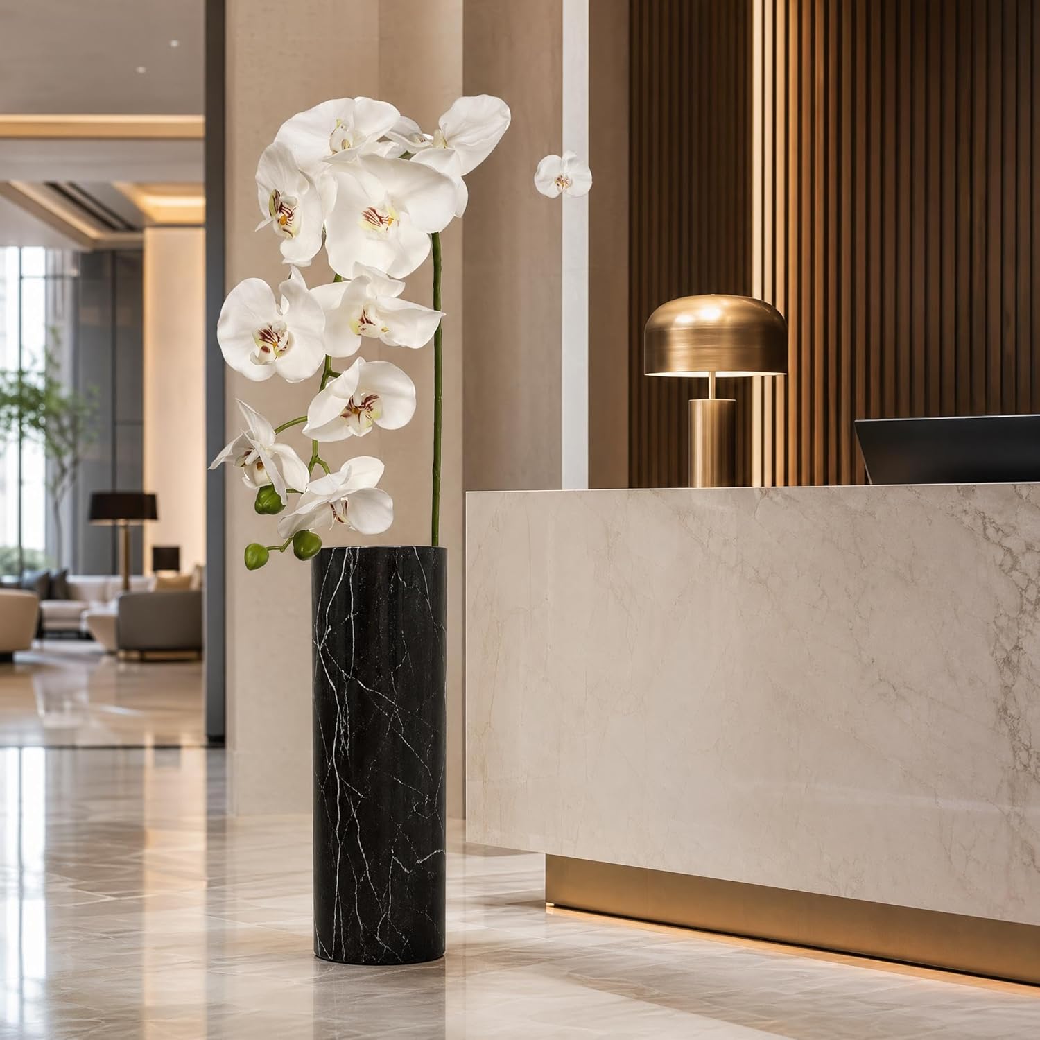 49" White Artificial Orchid Stem – Faux Real Touch Phalaenopsis with 16 Large Silk Flower Heads – Tall Decorative Orchid for Home Decor, Wedding Arrangements, Office, and Centerpieces