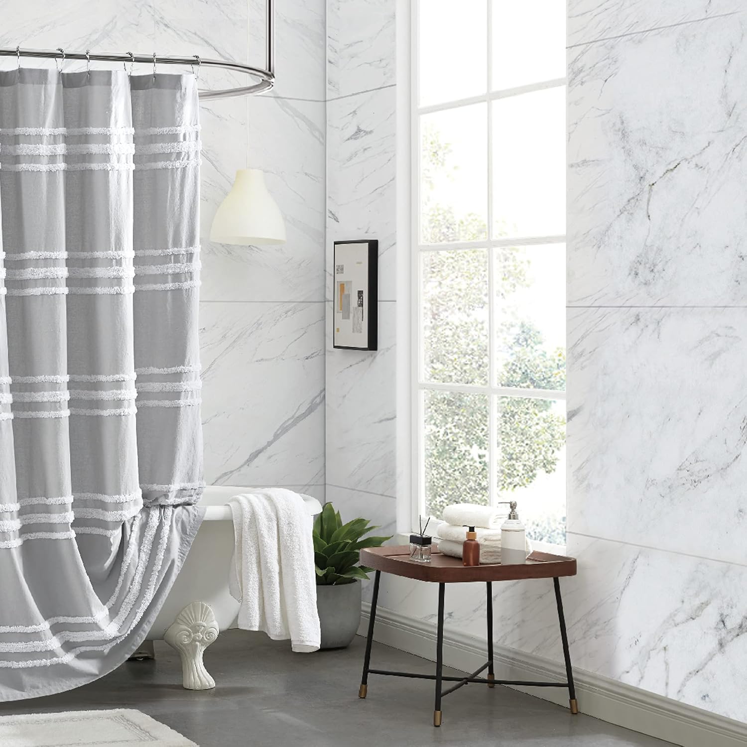 DKNY Chenille Stripe 100% Cotton Fabric Shower Curtain for Bathroom, 72 x 72 inches, Grey