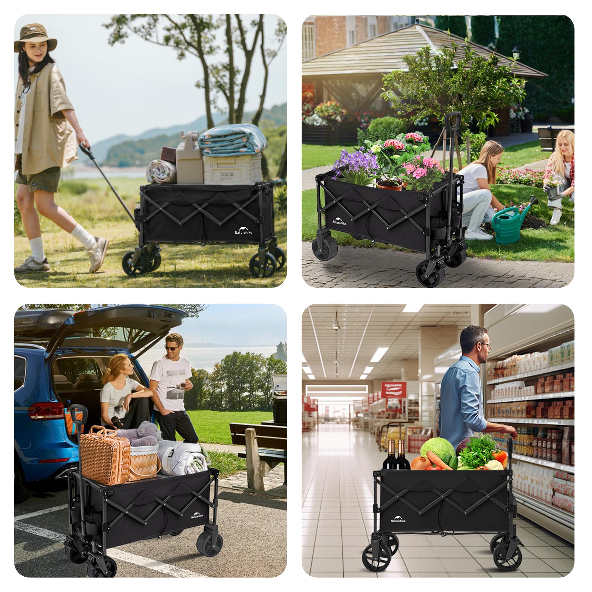 Naturehike Carrello da giardino pieghevole, carrello porta attrezzi da spiaggia adatto a tutti i terreni, con pneumatici larghi girevoli a 360 gradi, portata 120 kg, adatto per campeggio(Nero 100L)