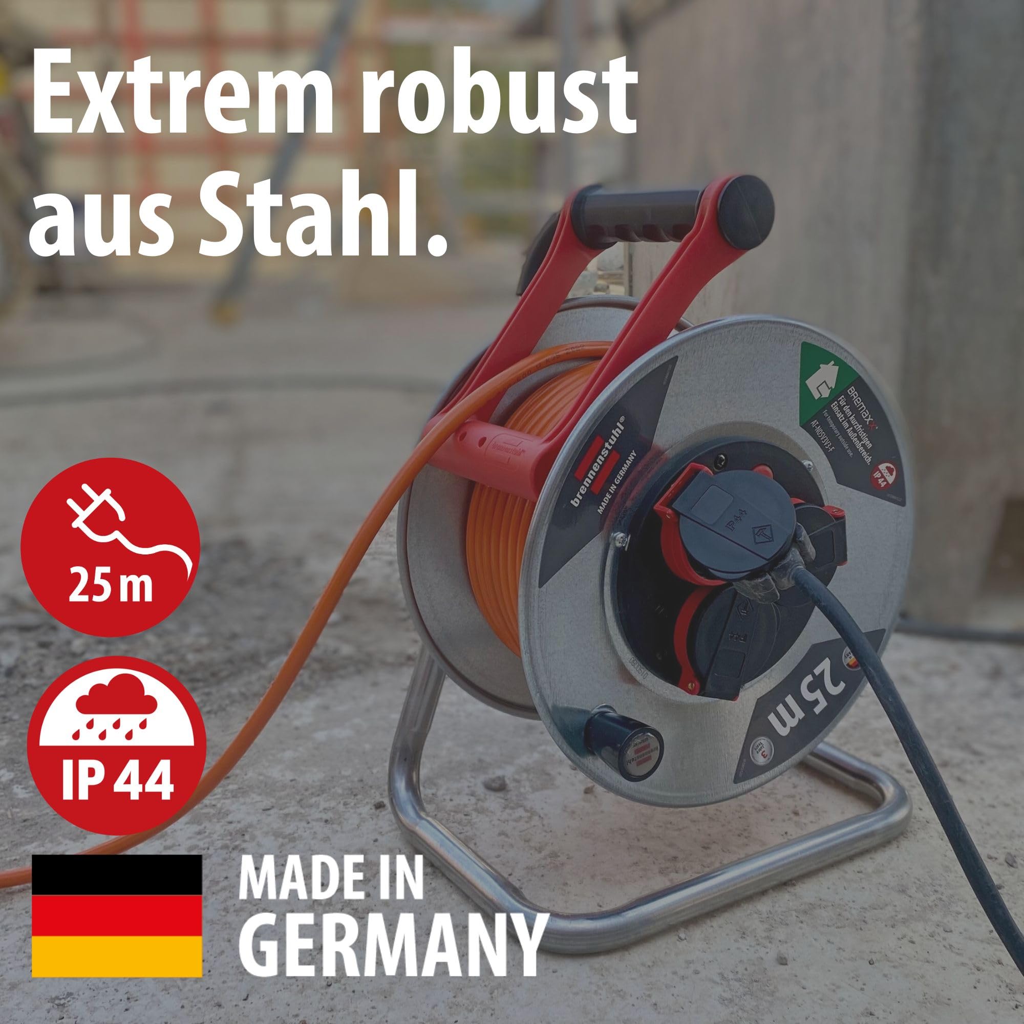 Brennenstuhl Garant S V2 IP44 Kabeltrommel 25m outdoor (Made in Germany, Kabel in Signalfarbe orange, Stahlblech, kurzfristiger Einsatz im Außenbereich)