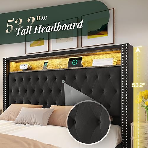 Miniatura 5 de Jocisland Base de cama tamaño Queen de 53.6 pulgadas de alto, cabecero de almacenamiento con luces LED y estación de carga, cama tapizada de Negro