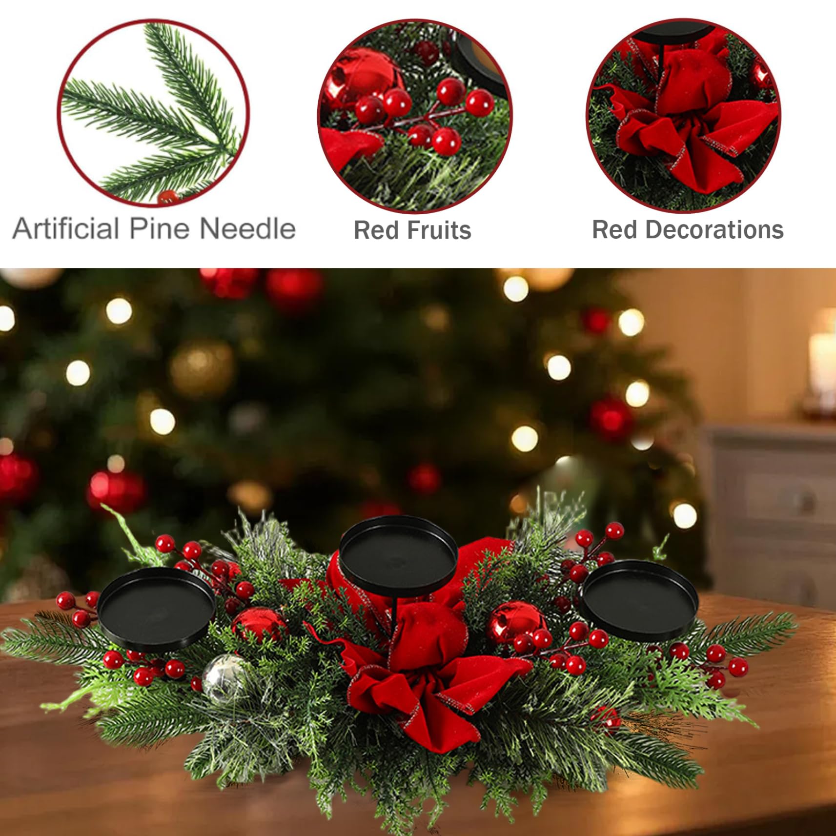 Portacandele natalizio con 3 vassoi Centrotavola natalizio con fiocco, palline, bacche e aghi di pino per decorazioni natalizie per la tavola delle feste
