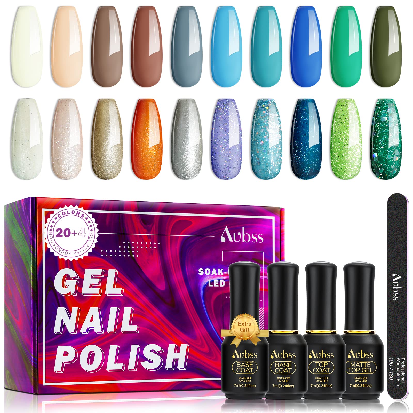 Aubss 24Pcs Gel Nail Polish Kit - Popular Bright Nail Art Solid Sparkle Colors, Soak Off LED Lamp Gel Nail Polish Set with Glossy & Matte Top Gel Base Coat, Gel Polish Starter Set with Gifts Set Box