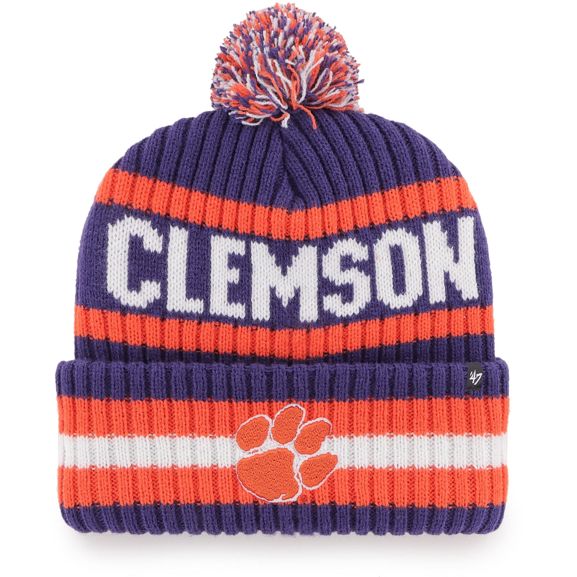 '47 NCAA Unisex Adult Bering Cuffed Knit Pom Beanie Hat (Clemson Tigers - Purple/Orange)