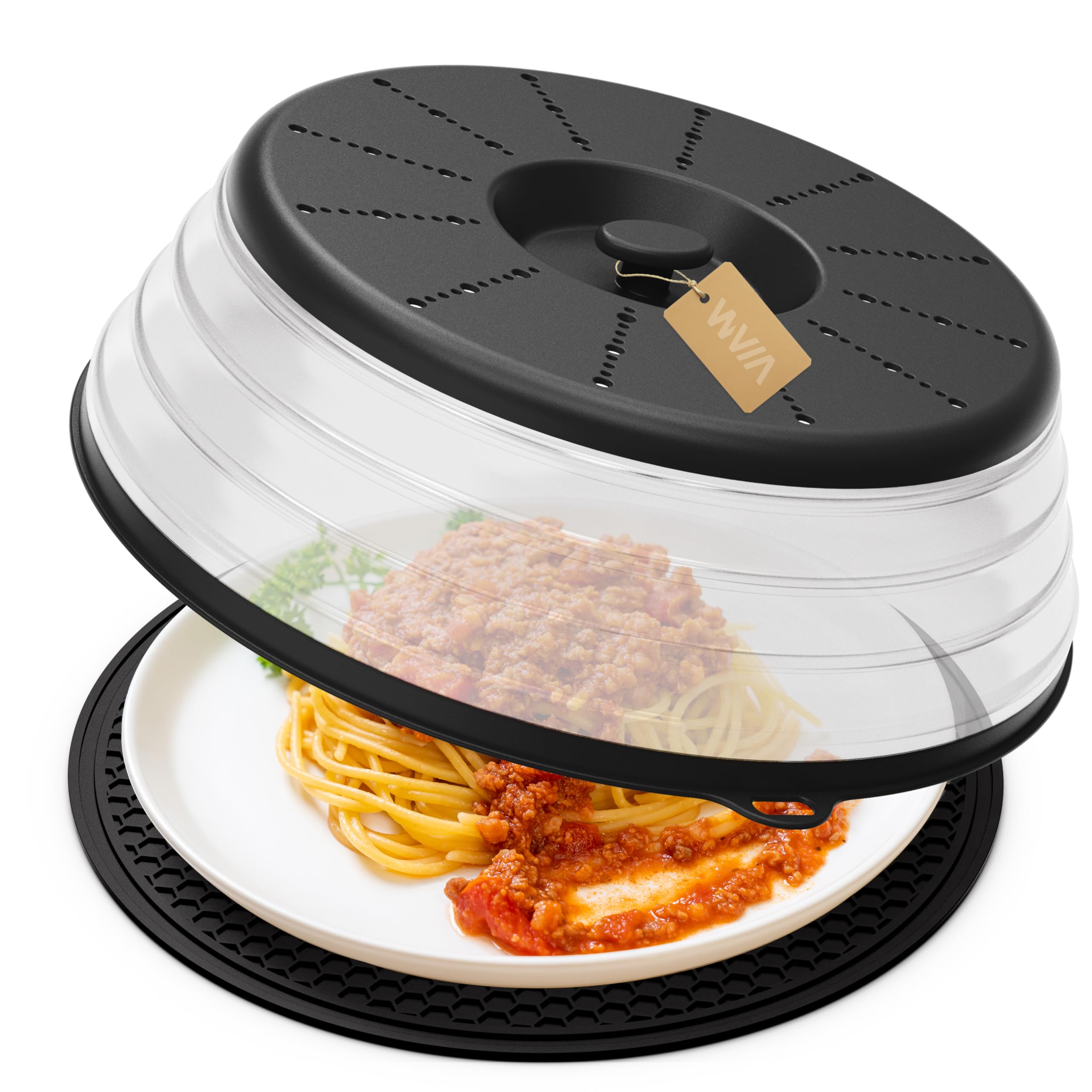 WVM Microwave Splatter Cover Vented for Food with Hook Hole, Splatter Guard &amp; Colander Kitchen Gadget for Food, Meal Prep, Cover &amp; Mat(Black), M(11"x3.26")-Pack of 1