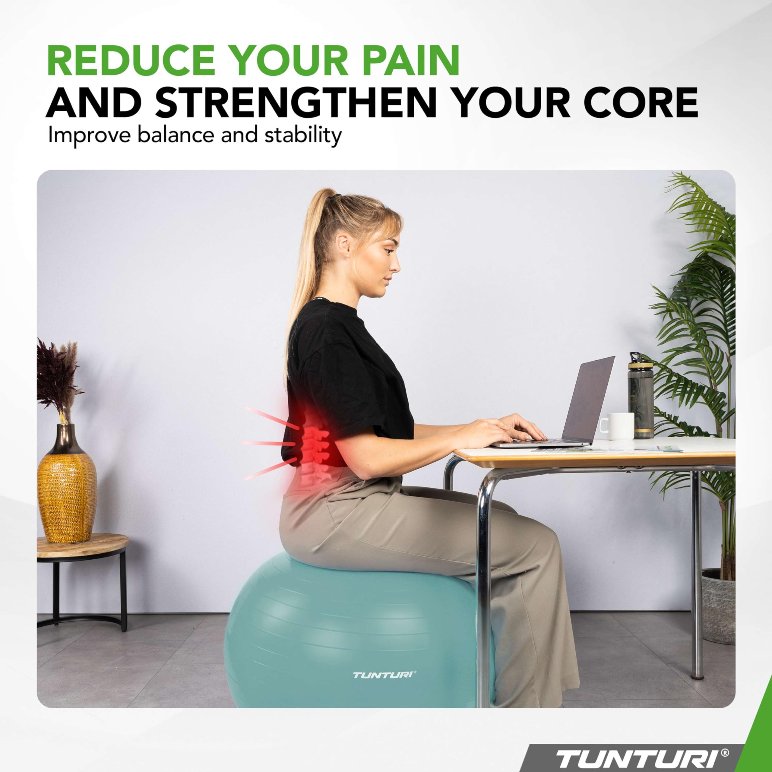 Tunturi Anti Burst Fitness Ball avec Pompe - Ballon de Yoga de 90 cm - Ballon de Pilates - Ballon de Grossesse – Poids utilisateur de 220 kg - INCL Application d'entraînement – Pétrole