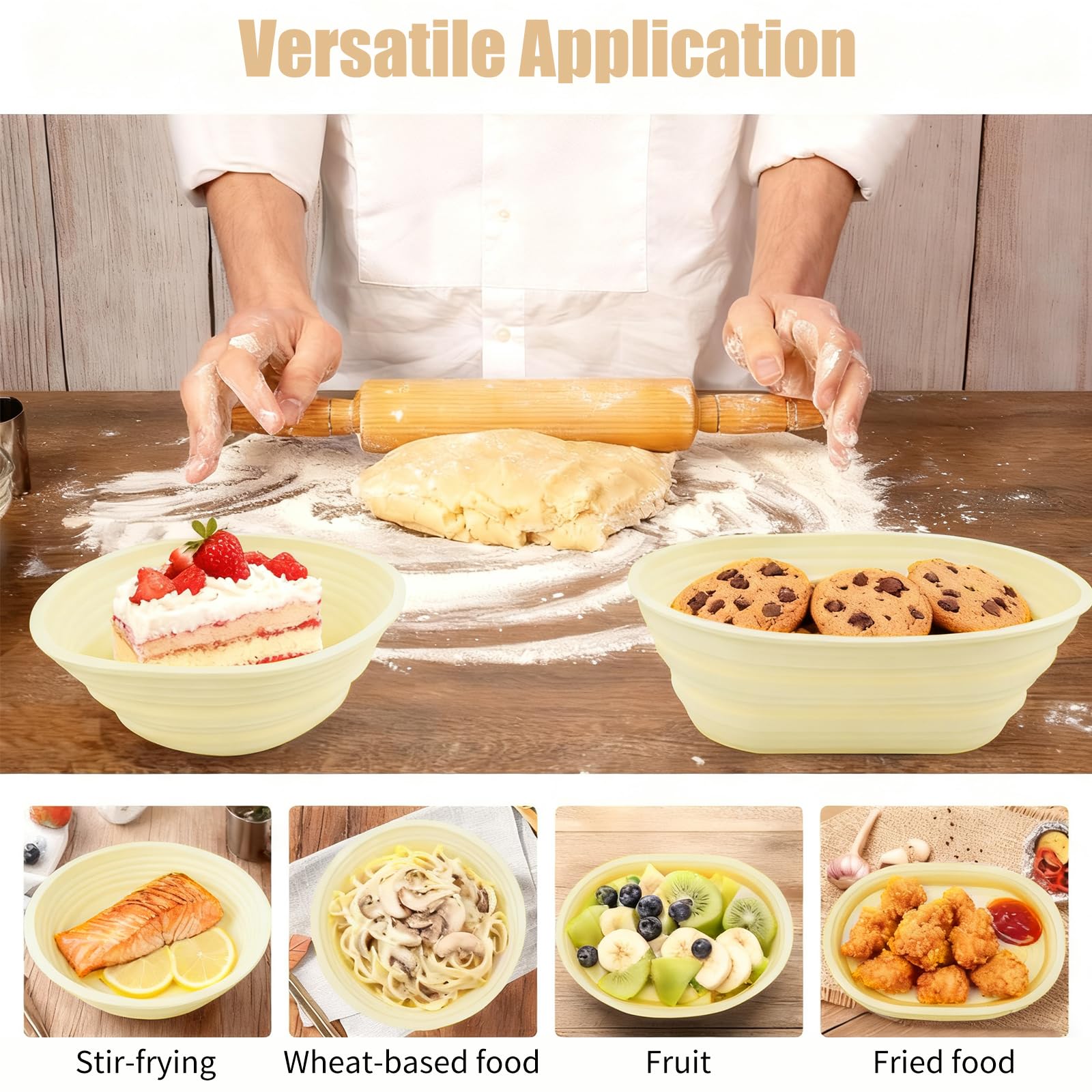 OBEST Lot de 2 paniers de fermentation en silicone - Ovales et ronds - Panier de fermentation pliable en silicone - Convient pour le pain au levain et la pizza