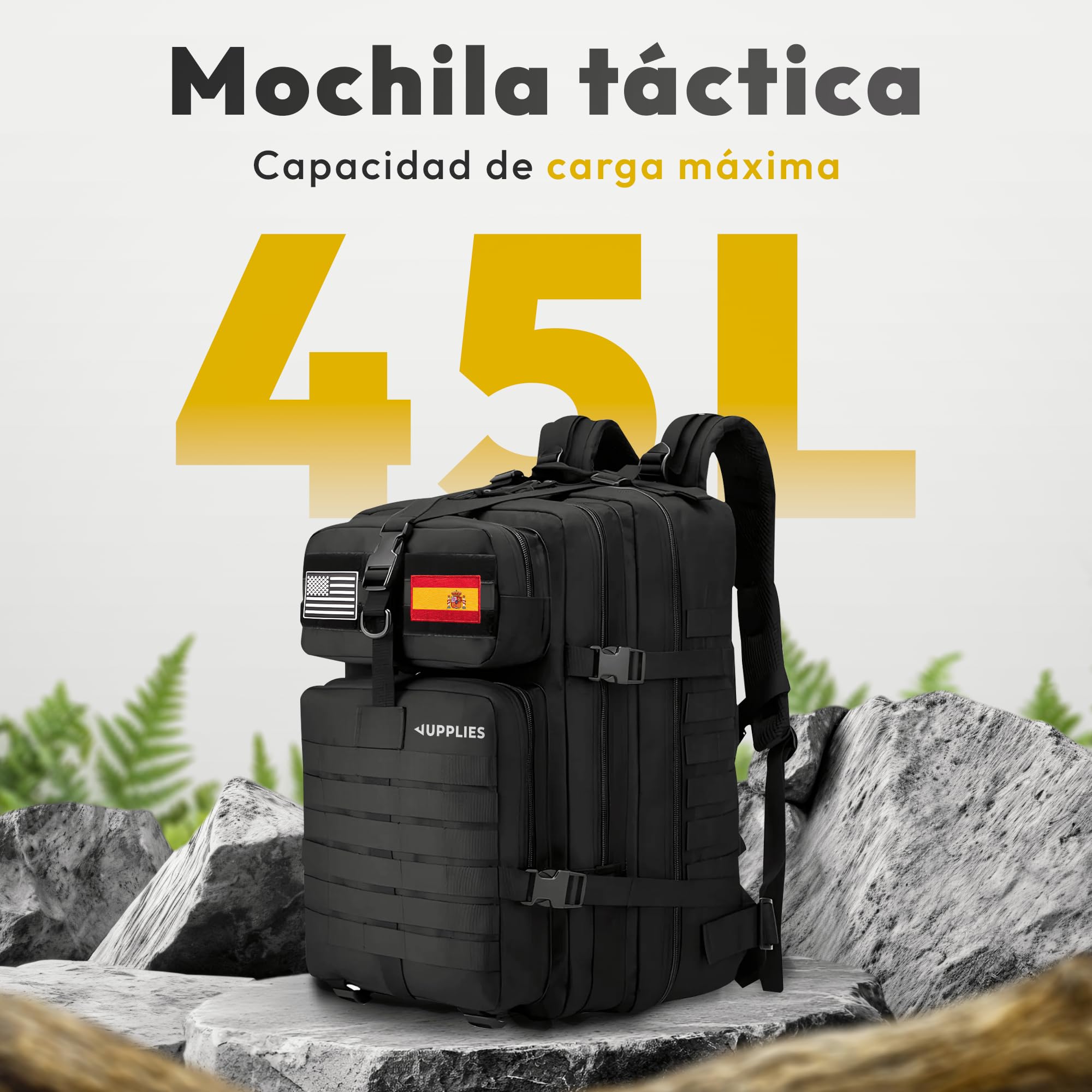 JUPPLIES Mochila Tactica Militar 45L/80L Impermeable Oxford 600D IPX5 con Sistema MOLLE y Cremalleras Reforzadas – Gran Capacidad para Crossfit, Gimnasio, Senderismo, Viajes o Supervivencia