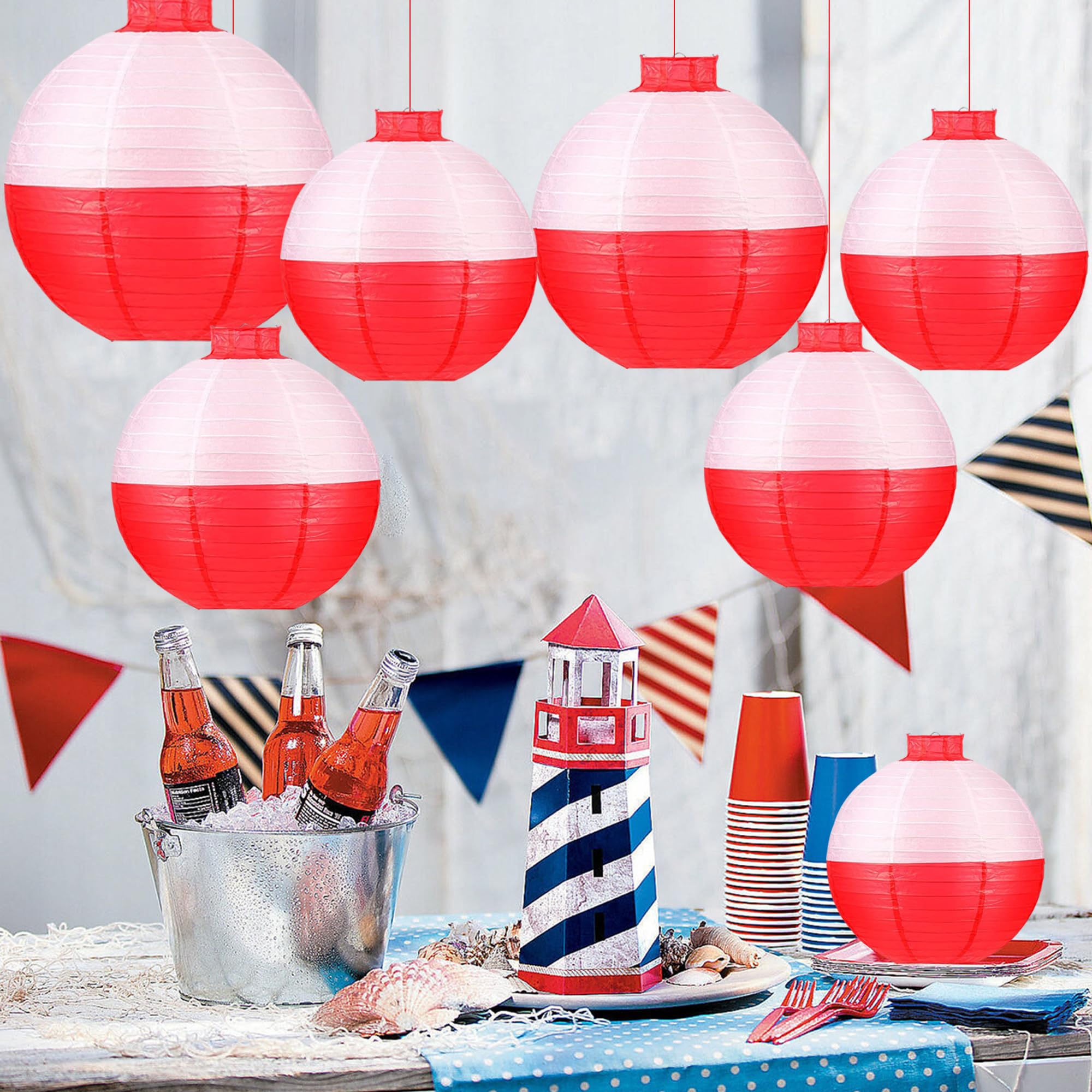 12 lanterne di carta da appendere a forma di pesce a nido d'ape, lanterne di carta rosse e bianche per la pesca, decorazioni per feste a tema, forniture per decorazioni di compleanno