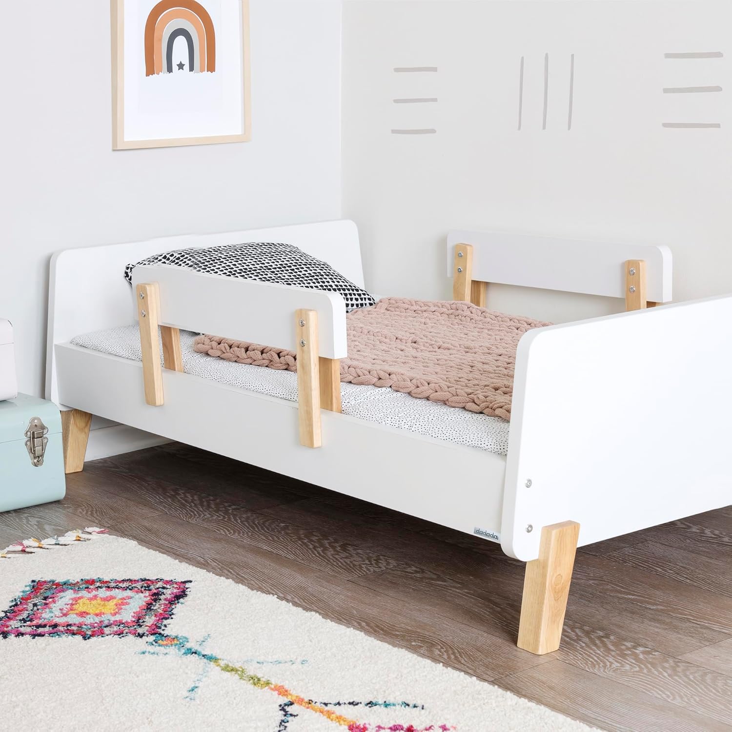 Dadada Muse Toddler Bed with 2 Removable Safety Rails. Low Profile Montessori Bed for Kids. Sturdy Solid Wood Frame, Fits Standard Crib Mattress, Easy to Assemble, Toddler Bed for Boys & Girls - White