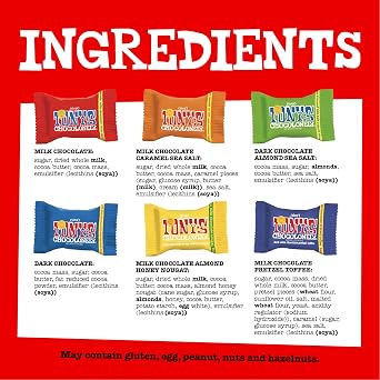 Tonys Chocolonely Assorted Chocolate Candy Pieces, Belgian Milk & Dark Chocolate, Caramel Sea Salt, Almond Sea Salt, Honey Almond Nougat, Pretzel Toffee, Quality Fairtrade Cocoa, 36 Count, 11.28 Oz