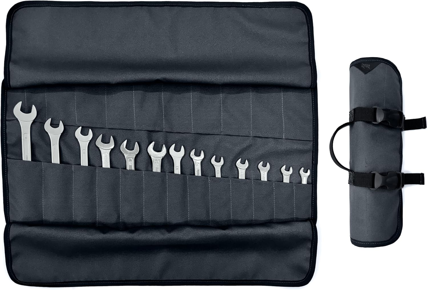 Under NY Sky Tool Roll Organizer, 24 Pockets, Oxford Canvas, Heavy-Duty Wrench Bag, Portable Hand Tool Pouch for Mechanics, Electricians, and Hand Tools - Gray