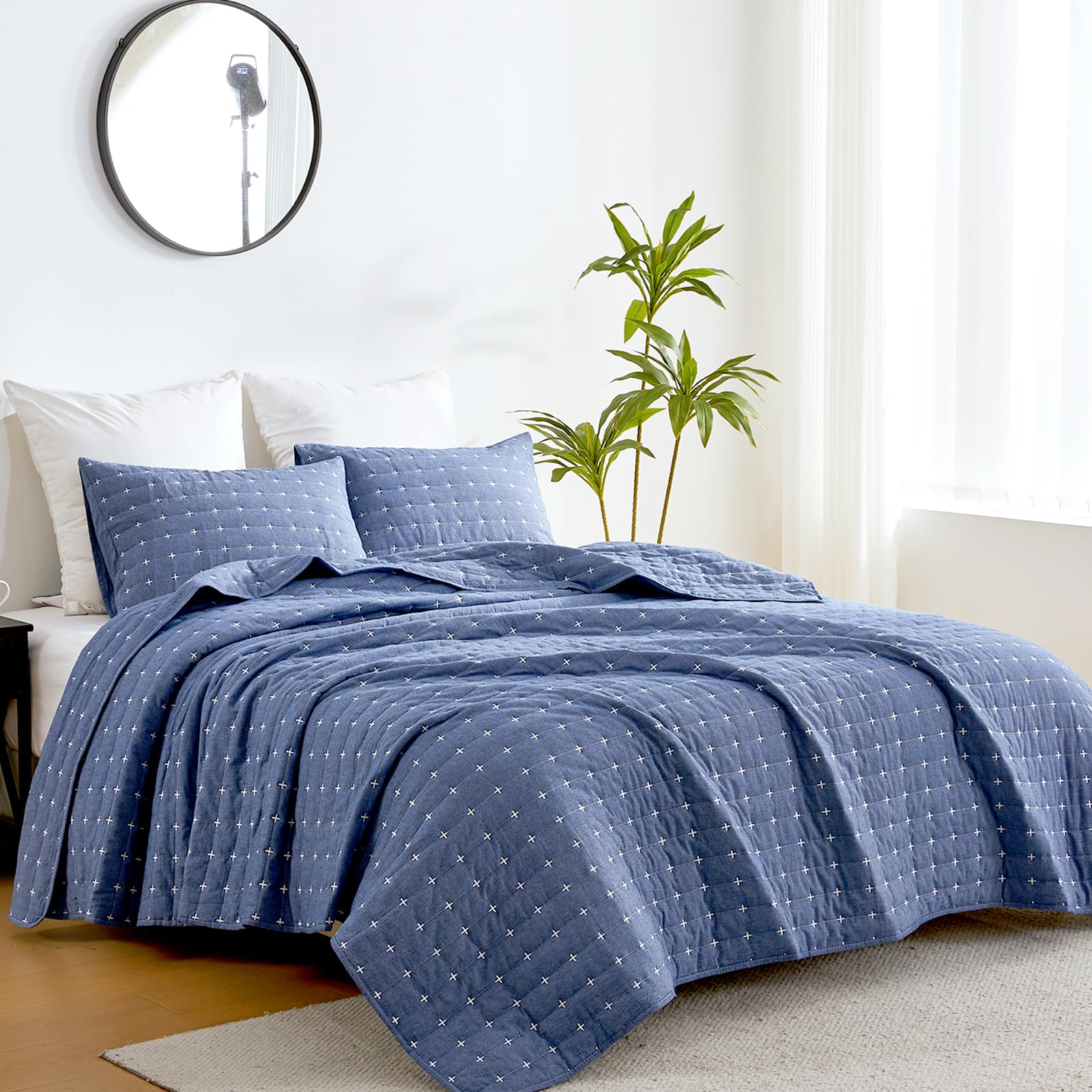 Qucover Copriletto Matrimoniale 240x260cm, Trapuntato Morbido e Confortevole, in Cotone Lavato, 3 Pezzi con Motivo a Punto Croce Moderno, Estivo Trapuntato con Federe Blu