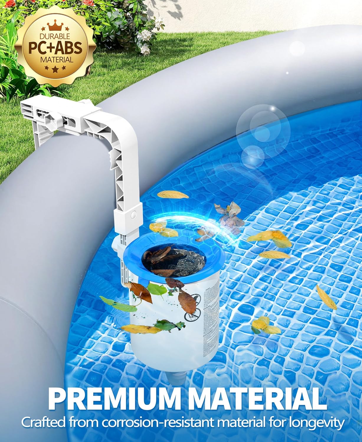 DeeprClean Upgrade Above Ground Pool Skimmer Comes with 3 Socks, Anti-tilt Wall Mount Surface Skimmer, Removable Skimmer Basket, Adjustable Height Bracket, Auto Skimming Pool Surface Leaves - White