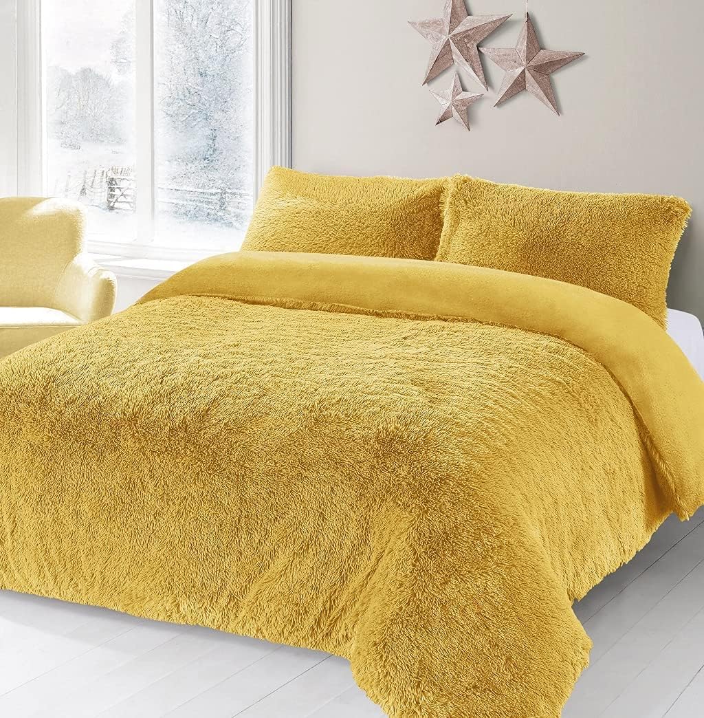 Axcent Comfort Cuddle Long Pile Teddy Fleece Fur Duvet Cover Sets Super King Orche Yellow Winter Plush Sherpa Fleece Duvet Cover & 2 Pillowcases Soft Cosy Shaggy Fluffy Bedding Quilt Covers Sets