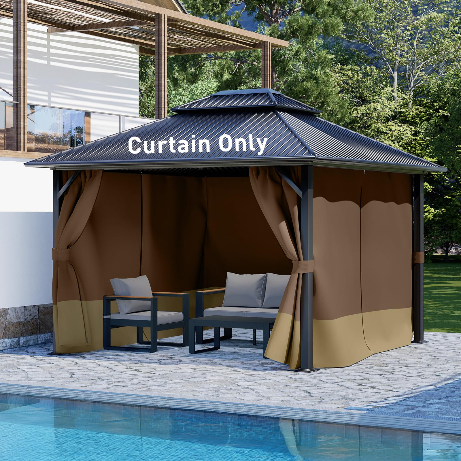 Aoodor 12x14 ft Outdoor Gazebo Curtains, 4 Panels Waterproof Privacy Sidewall Replacement with Zipper for Patio Pergola and Canopy, Coffee and Khaki