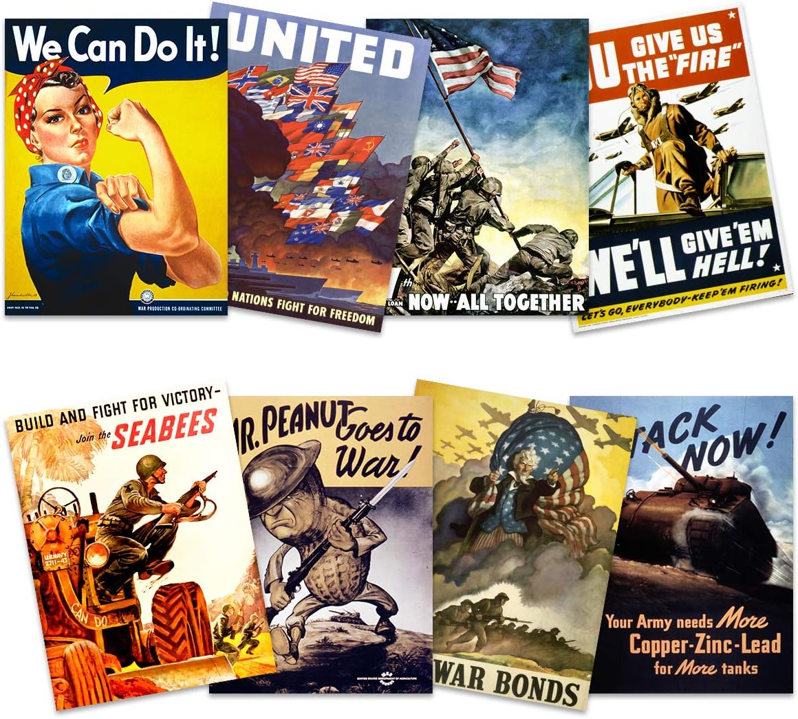 US Military World War 2 Army Rosie Riveter Uncle Sam Iwo Jima Seabees Home Decor Premium Wall Art Poster Pack of 8