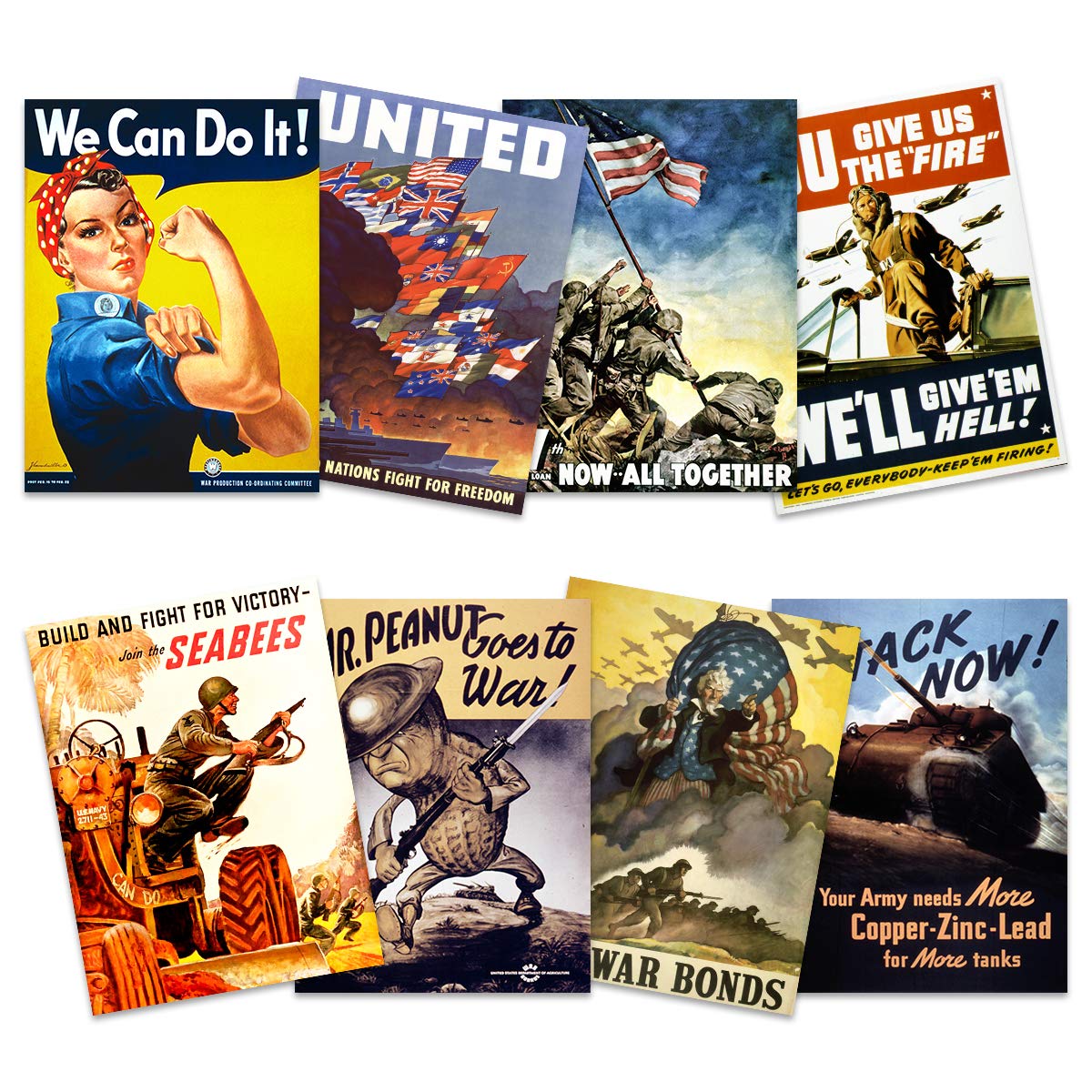 Artery8 US Military World War 2 Army Rosie Riveter Uncle Sam Iwo Jima Seabees Home Decor Premium Wall Art Poster Pack of 8