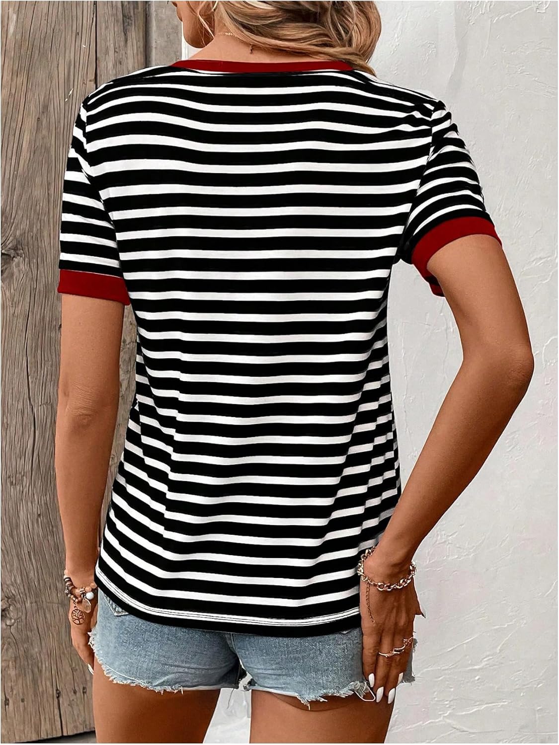 SweatyRocks Women's Striped V Neck T Shirts Short Sleeve Casual Tees Summer Tops - Image 2