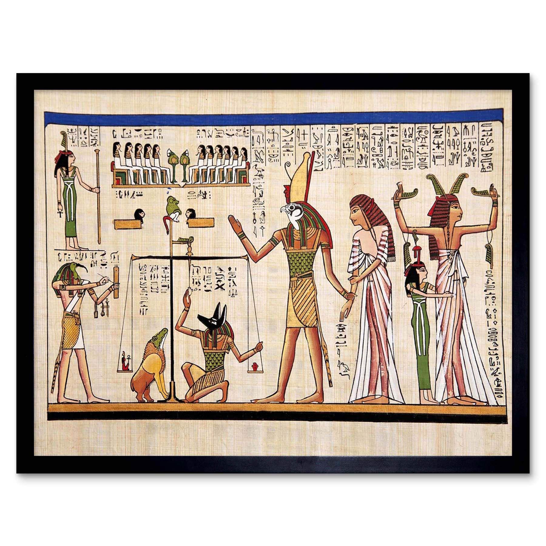 Ancient Egyptian Papyrus Art Print - Hieroglyphics Horus Thoth Anubis Weighing Souls - Framed Wall Art - 12x16 inch