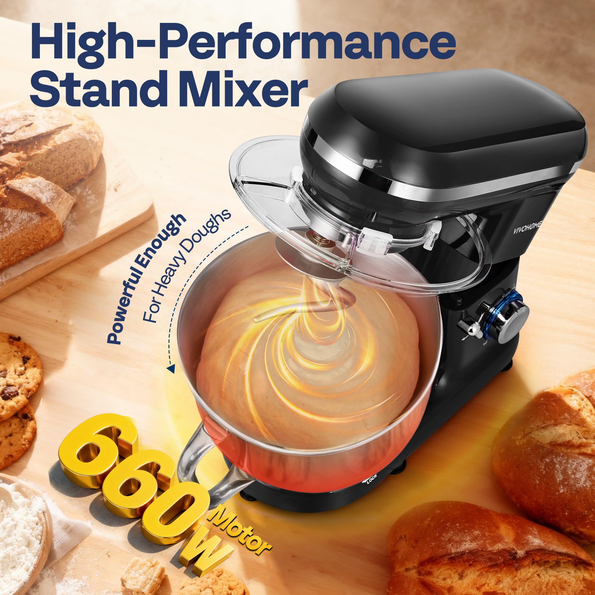 VIVOHOME Mikser Stojący 1500W, 10 Prędkości 5,7L Elektryczny Mikser Kuchenny z Głowicą Odchylaną, Mieszadłem, Hakiem do Ciasta, Trzepaczką i Separatorem Jajek, Czarny