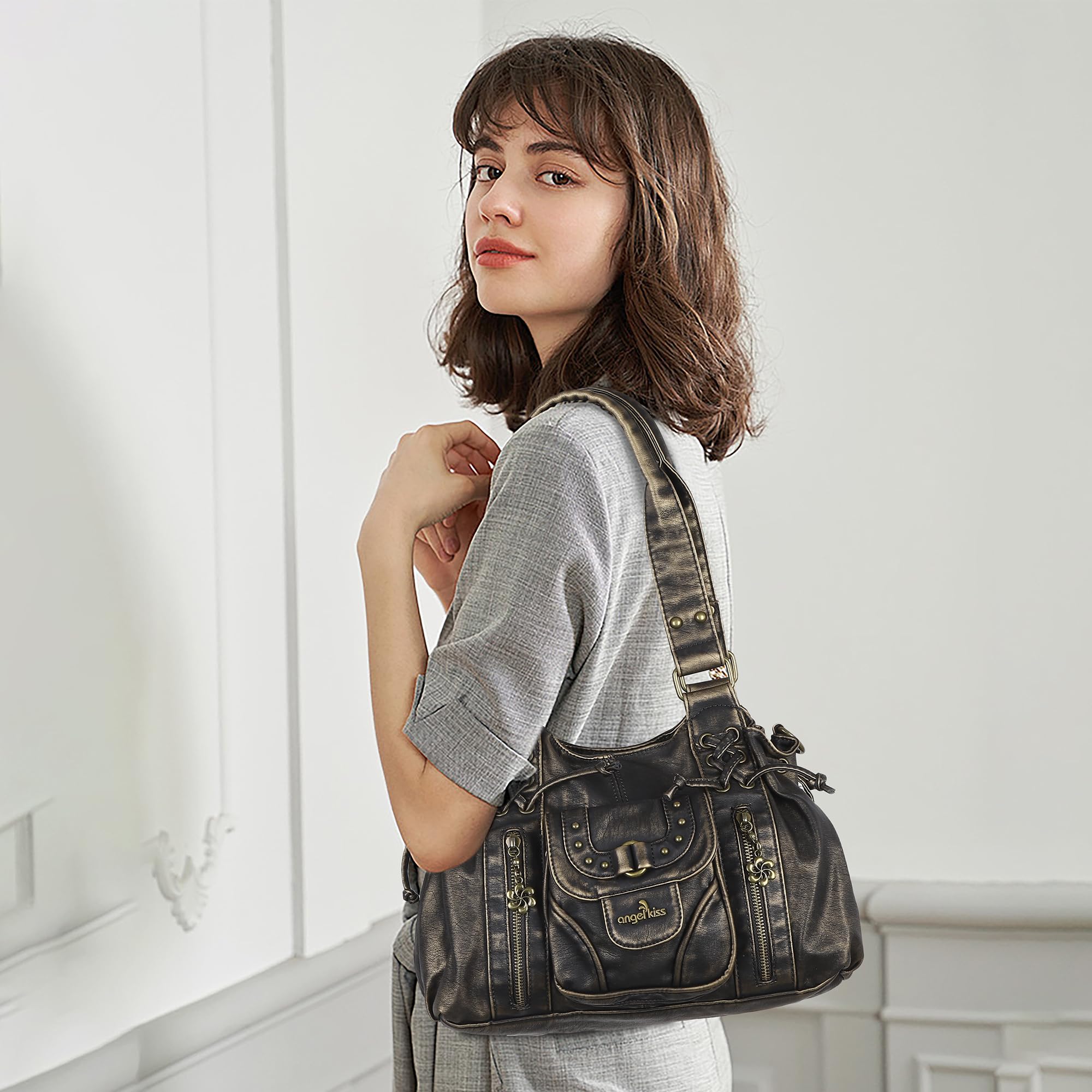 Angel Kiss Piccola borsa hobo da donna in pelle lavata retrò borsa a tracolla spaziosa con manici superiori borse con tracolla rimovibile