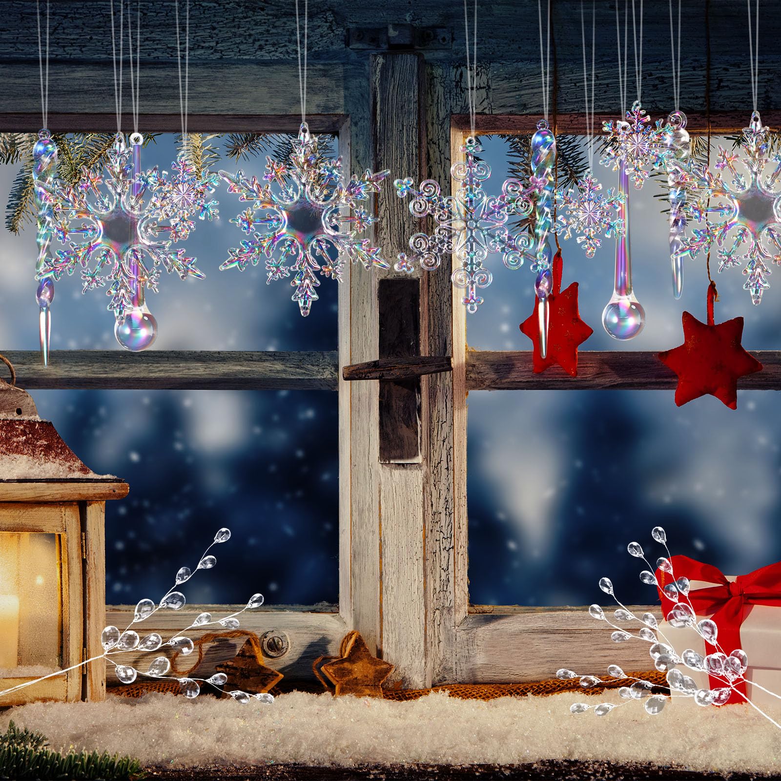 Chunful 70 adornos de Navidad iridiscentes de cristal para decoración de árbol, 8 estilos colgantes de acrílico transparente, colgantes de carámbano, cadena de guirnalda de cuentas de 33 pies para