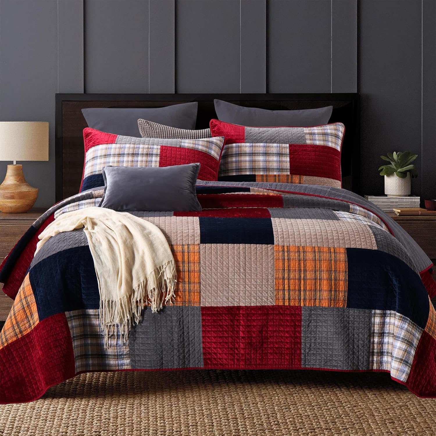 ABREEZE Quilts Queen Size - 100% Cotton Queen Comforter Set Red Grey Plaid Farmhouse Quilt Bedding Set, Reversible Lightweight Soft Bedspread, Quilted Coverlet All-Season, 3-Piece