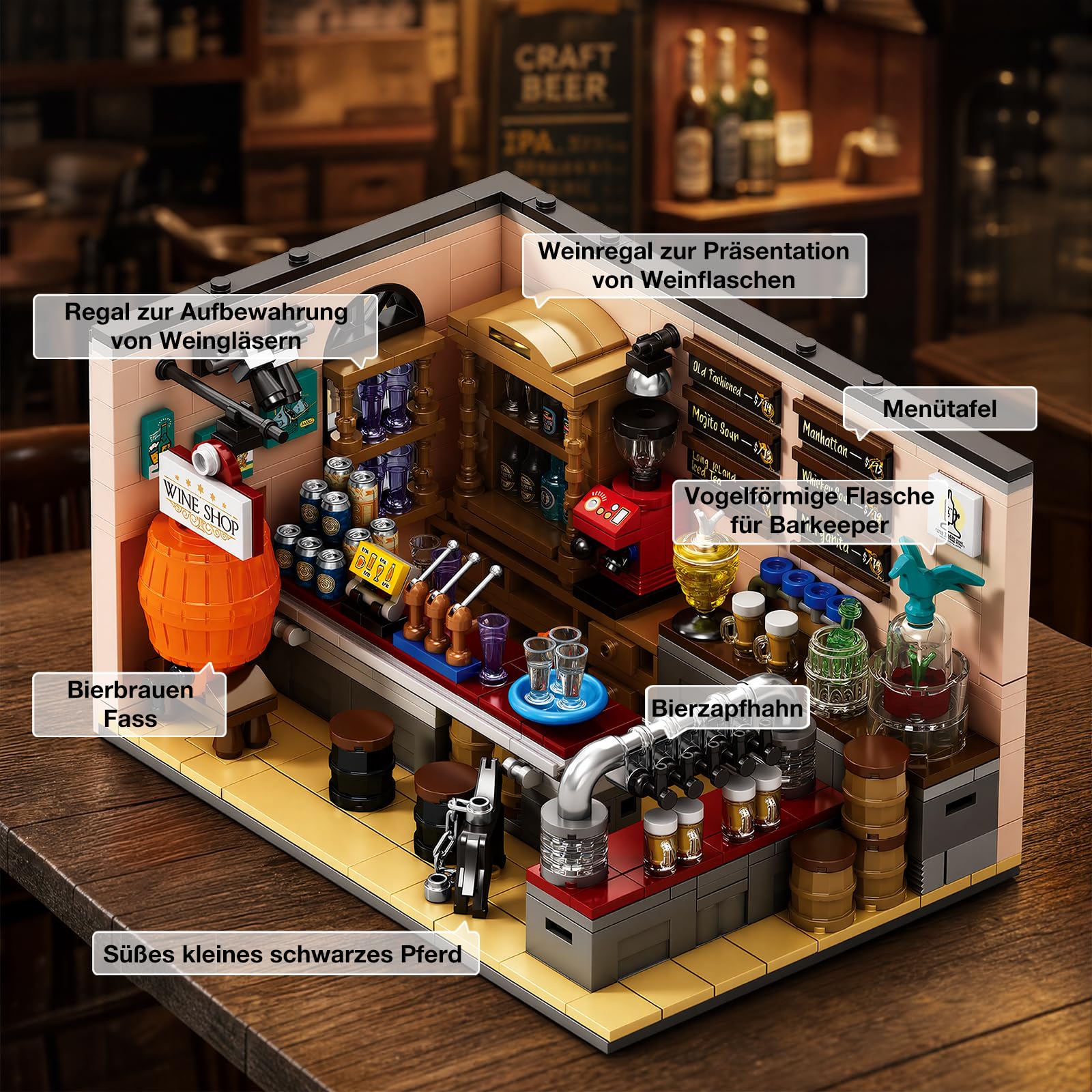 Reobrix Bierpub Modell, Retro Kneipen-Diorama, 588 Teile