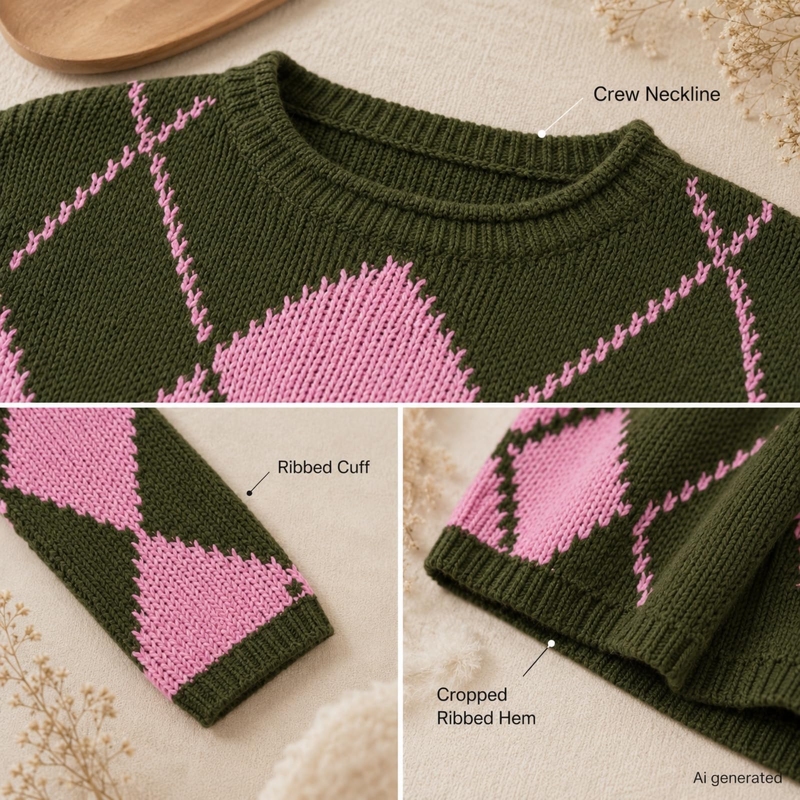 Damski sweter Argyle z okrągłym dekoltem z długim rękawem luźny sweter z