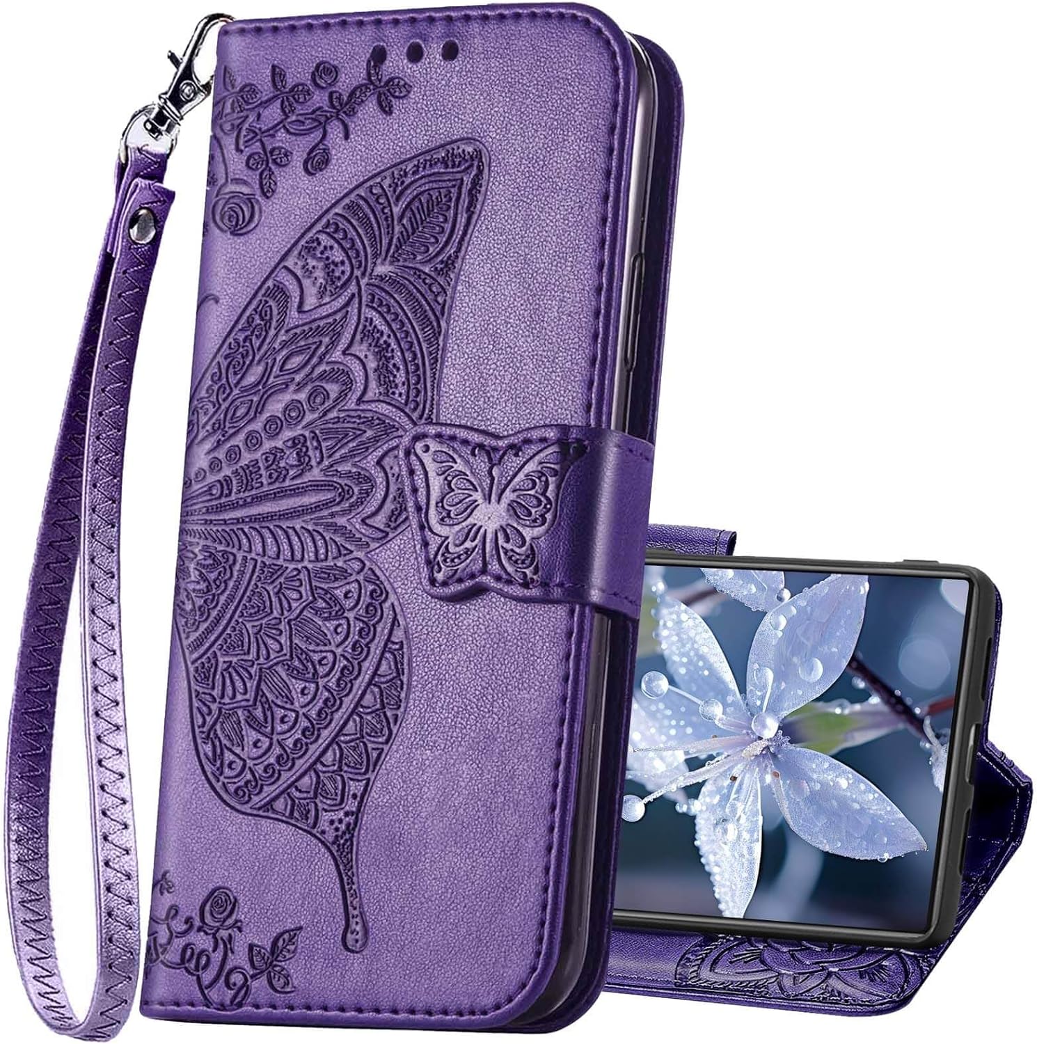 for Samsung Galaxy S25 Ultra Case Wallet,Women Flip Cover with Credit Card Holders Butterfly Embossed PU Leather Stand Wrist Strap Protective Phone Case 6.9 Inch 2025 (Purple)