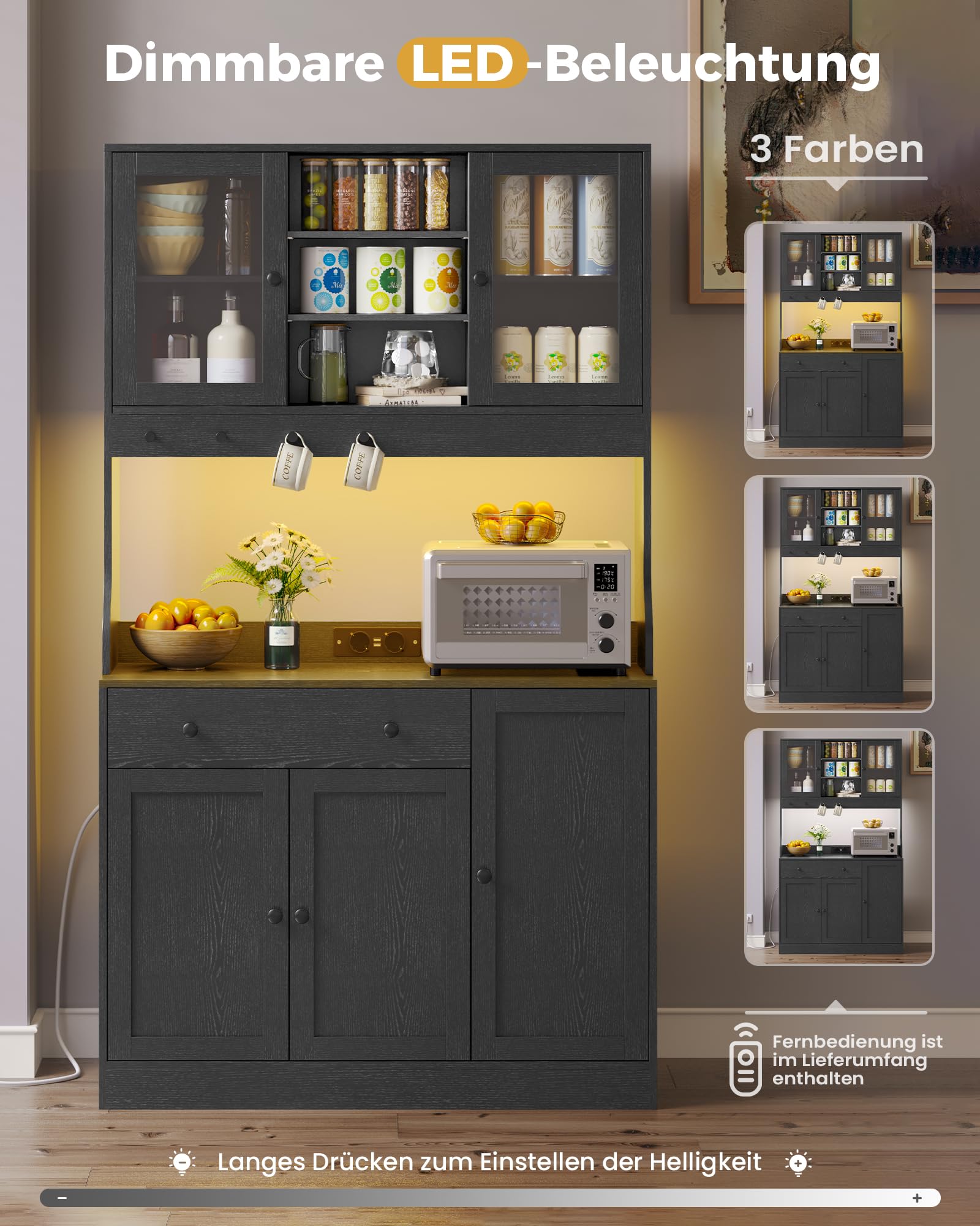 Küchenschrank mit Arbeitsplatte, Sideboard mit LED, Steckdose, Buffetschrank mit Schubladen, Verstellbaren Ablagen, Großer Stauraum, Küche, Wohnzimmer, Esszimmer, 103.5*40*180 cm, Schwarz