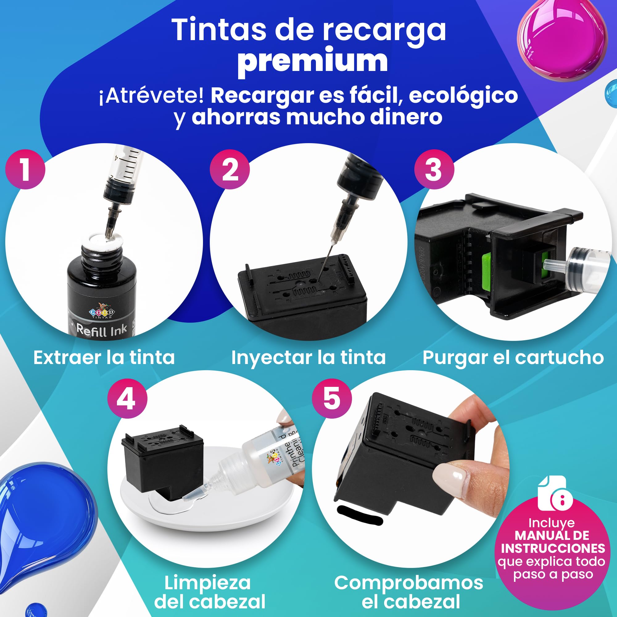Kit de recharge d'encre 500 ml Compatible pour cartouches d'encre Canon PG-545 ou 545XL, CL-546 ou 546XL, PG-512, PG-510, CL511, CL-513, avec accessoires + 50 ml de nettoyage têtes
