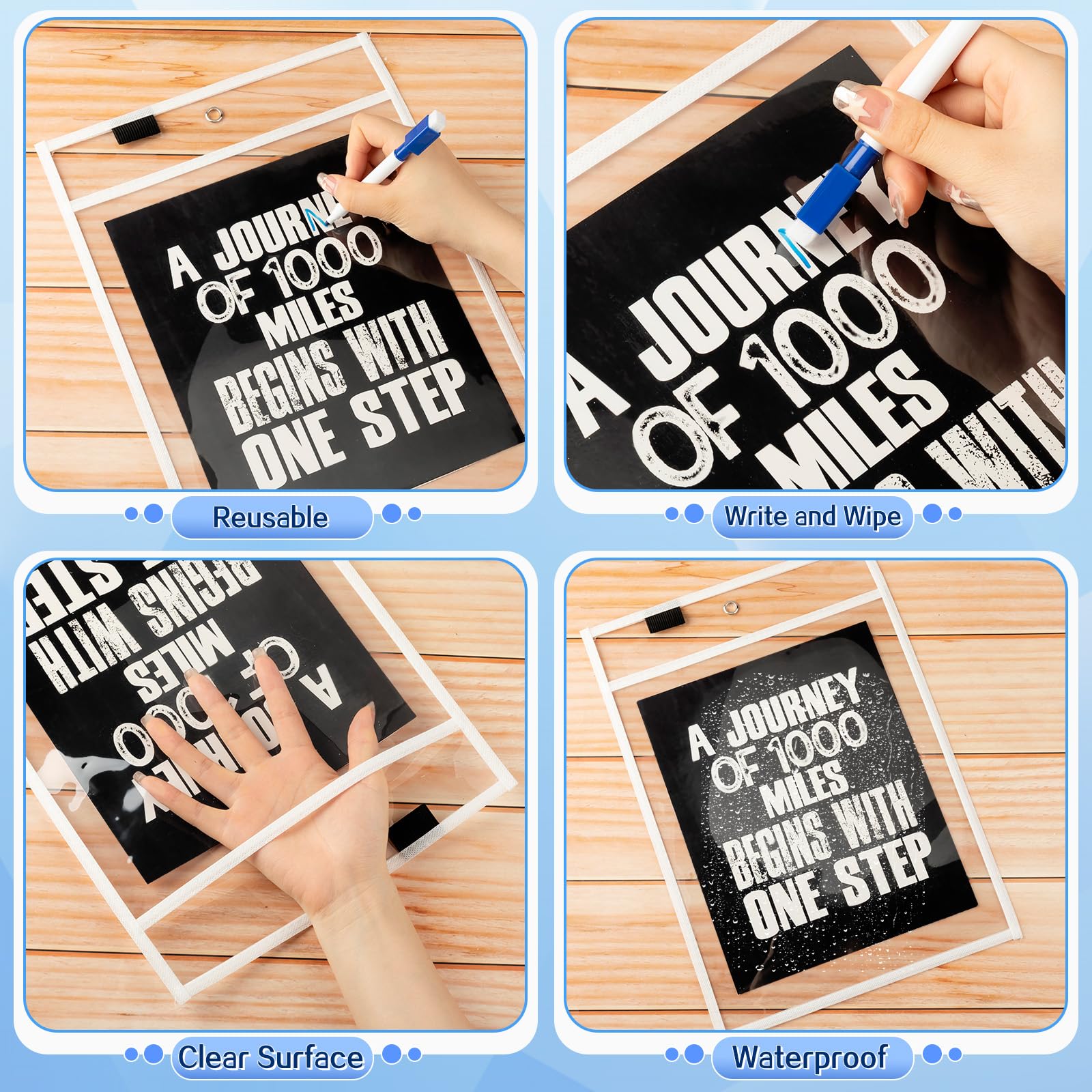 Seajan 120 fundas de plástico transparentes de borrado en seco para papel de 35,5 x 25,4 cm, reutilizables, soporte para boletos, organizador de pedidos, suministros para profesores para el aula