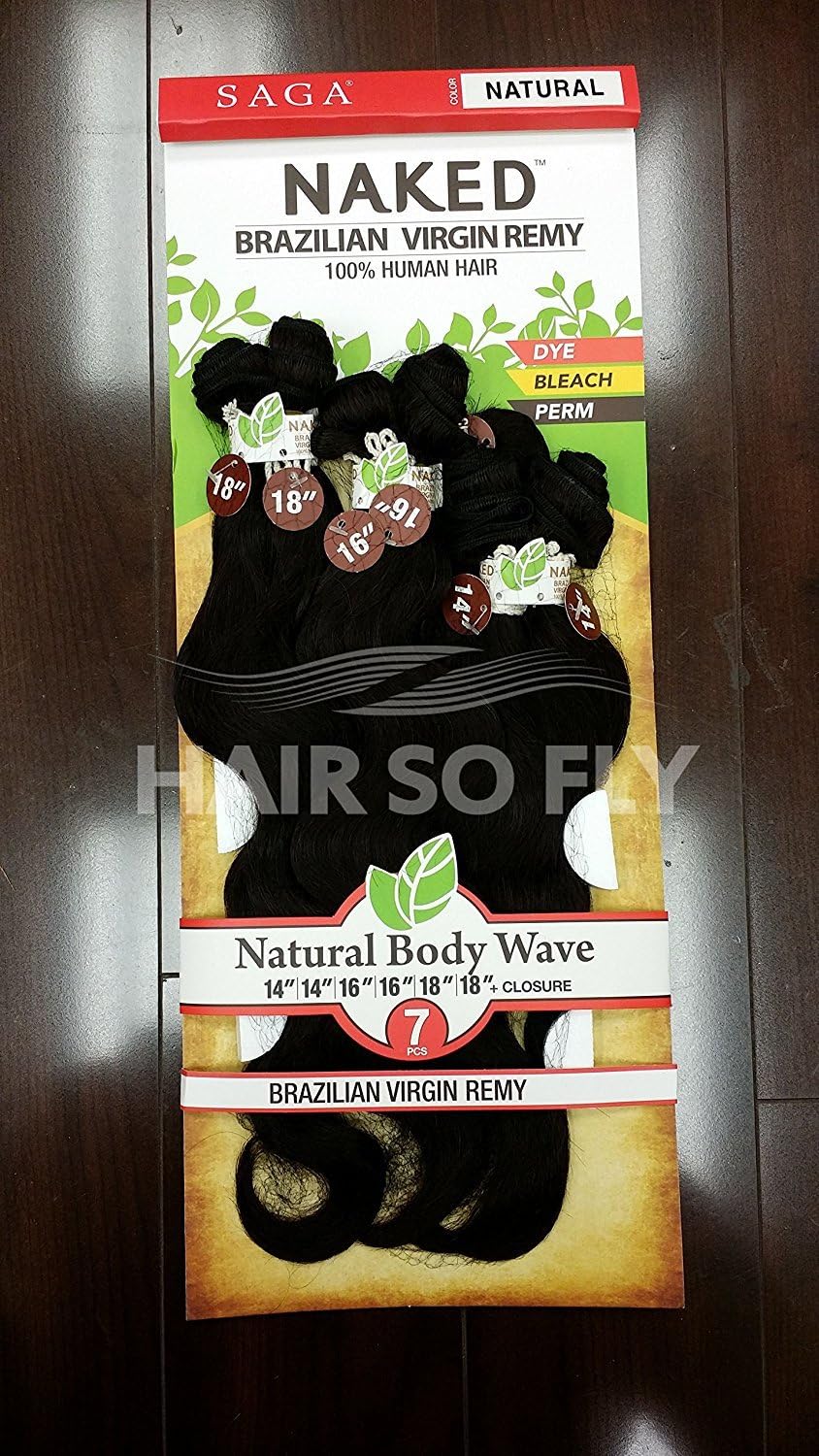 Saga NAKED Brazilian Virgin Remy 100% Human Hair | Natural Body Wave 7PCS (14" 16" 18", NATURAL)