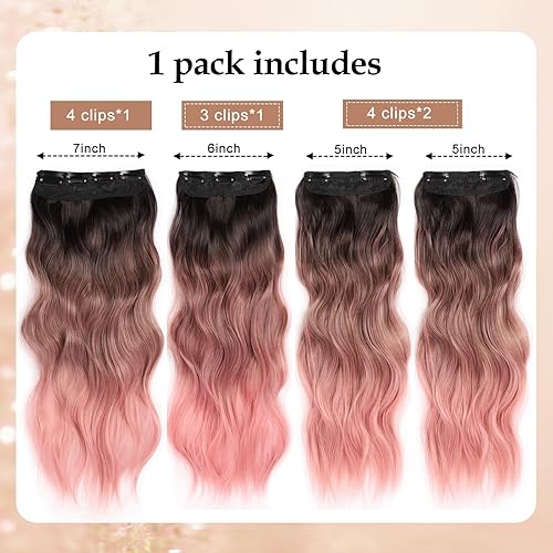 Miniatura 2 de Extensiones de cabello sintético ondulado con clip, de 20 pulgadas de grosor, extensiones de cabello rosa con clip de doble trama para mujer (20
