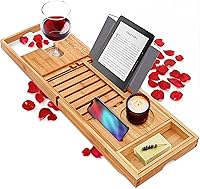 SereneLife Expandable Bamboo Bathtub Tray Caddy - Waterproof Universal Bath Organizer for Wine, Tablet, Phone & Books, Spa Relaxation Essential