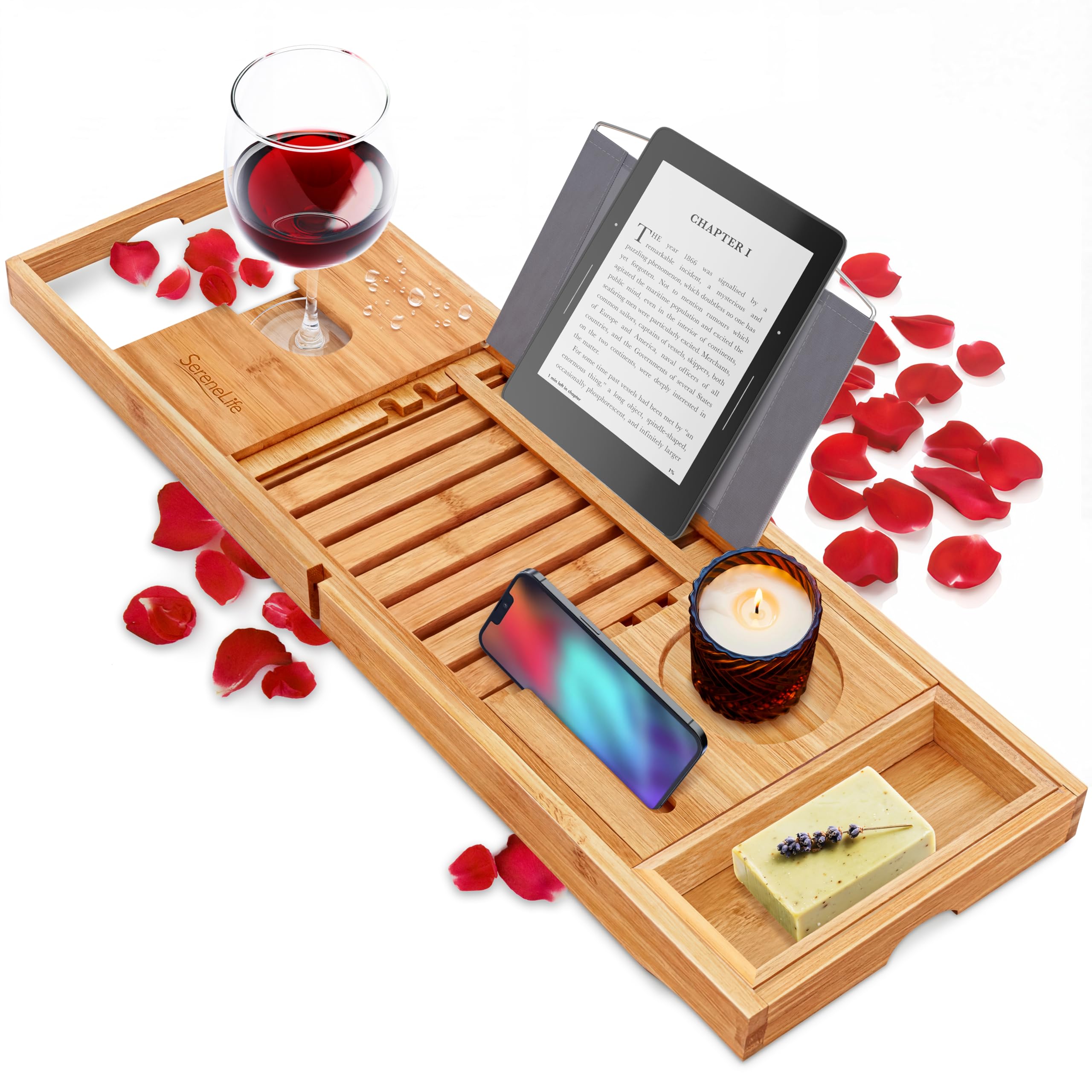 Luxury Bamboo Bathtub Caddy Tray - Adjustable Natural Wood Bath Tub Organizer with Wine Holder, Cup Placement, Soap Dish, Book Space & Phone Slot for Spa, Bathroom & Shower