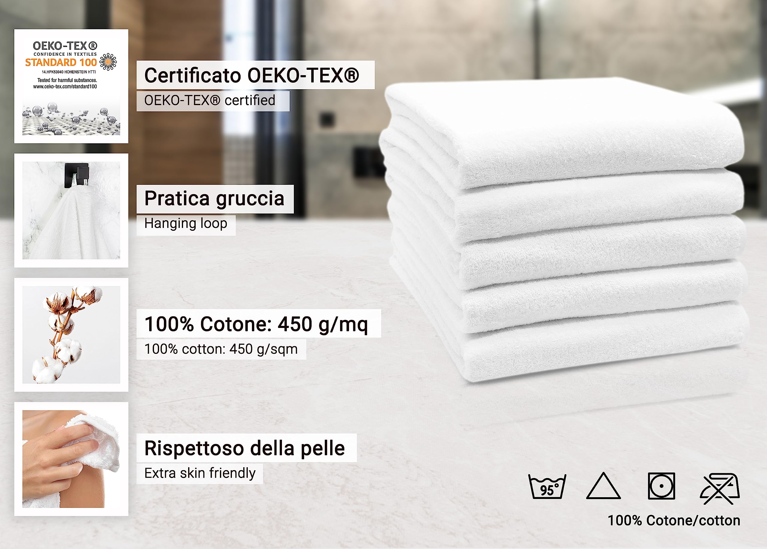 ZOLLNER 5 Teli Bagno in Cotone, 100x150 cm, Bianco, 450g/mq