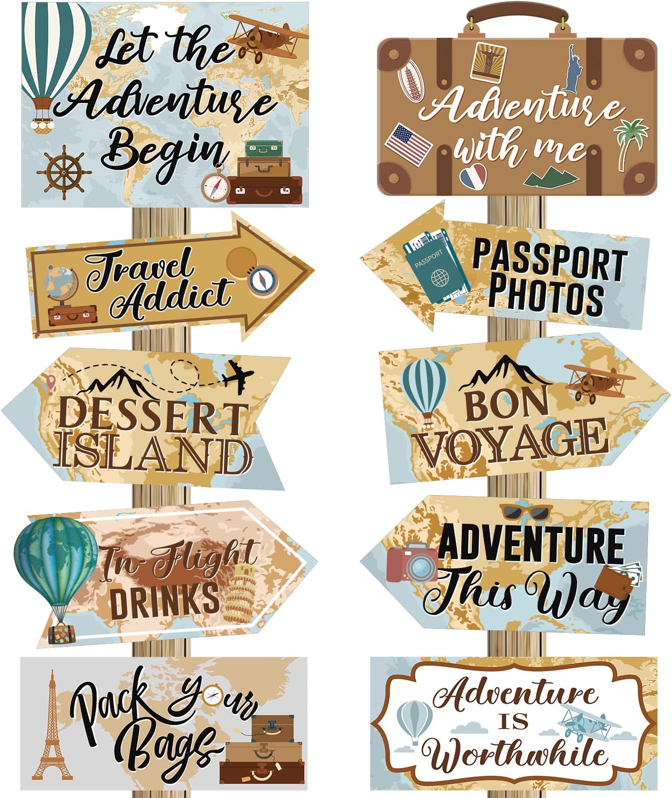 Ysleen 20 Pcs Travel Themed Party Decorations Set Let The Adventure Begin Sign Adventure Signs Bon Voyage Party Decorations for Birthday Baby Shower Travel, 11 x 8 Inch, 11 x 5 Inch (Vintage)