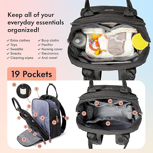 Miniatura 3 de Dikaslon - Mochila para pañales con cambiador portátil, funda para chupete y correas para cochecito, bolsas de bebé unisex grandes para niños y