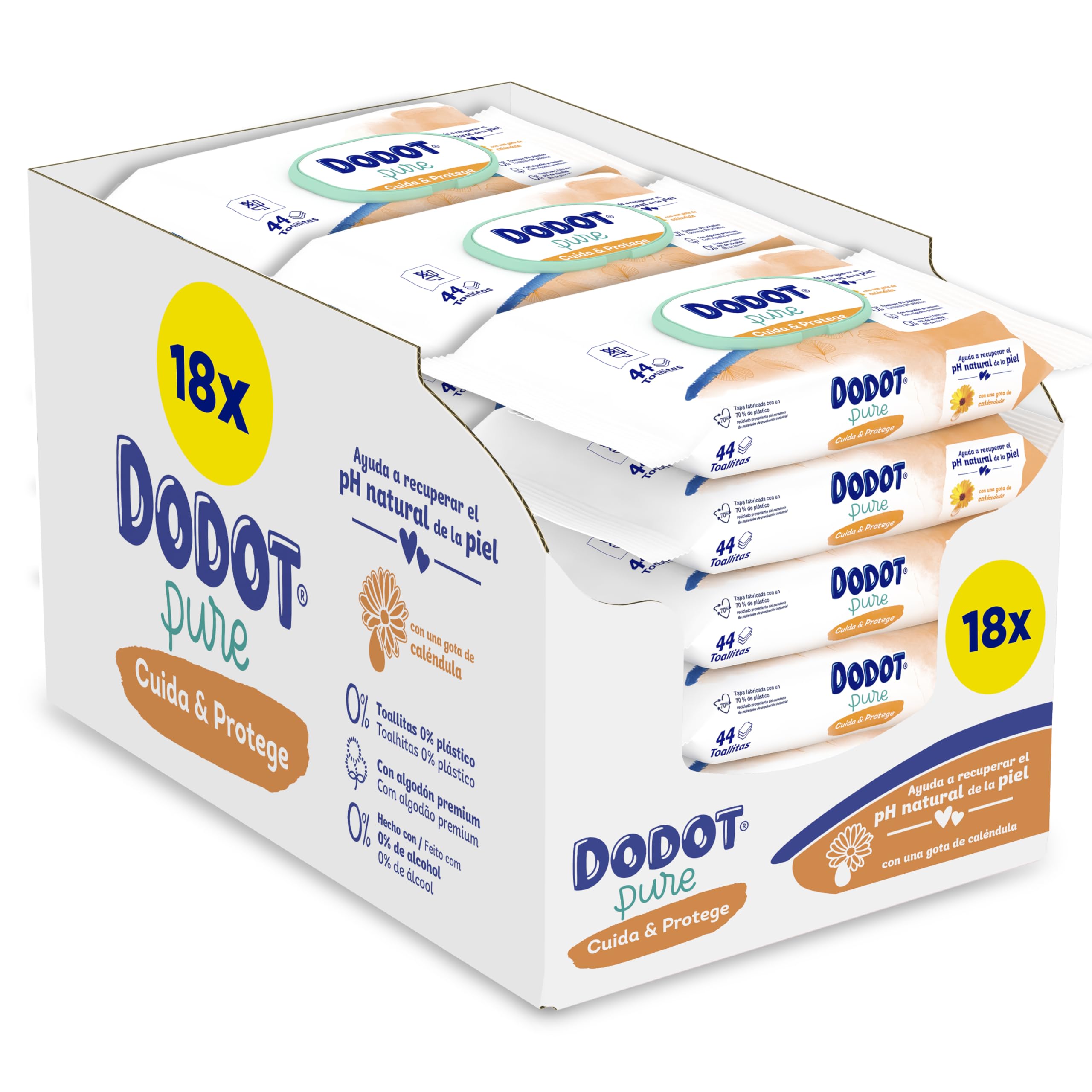 Dodot Salviette Pure Cura & Protegge Per Bambino 18 Confezioni Da 44 Pezzi = 792 Salviette, Aiuta a ripristinare il pH naturale della pelle, una goccia di Calendula