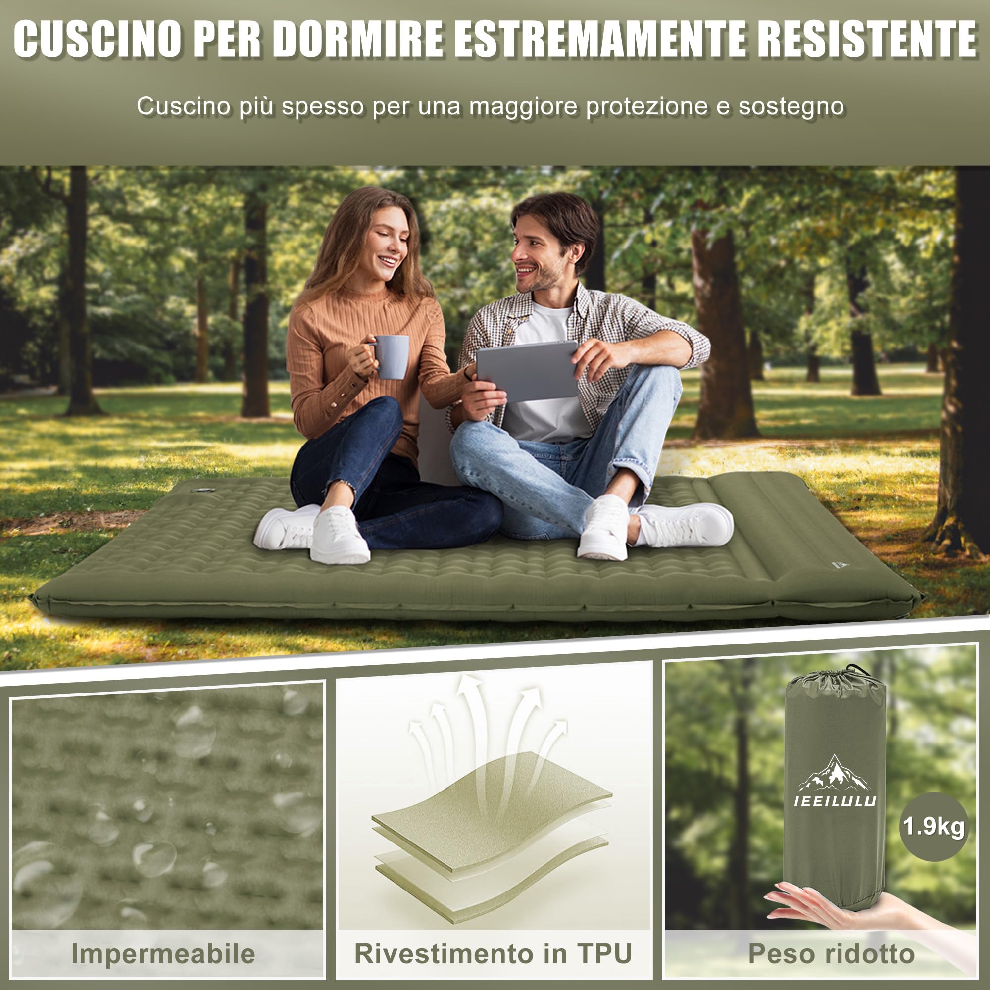 IEEILULU Materassino Campeggio, 196 * 140cm Materasso Gonfiabile Matrimoniale con Cuscino, Materassino Ultraleggero Autogonfiabile per 2 Persone Campeggio Backpacking Viaggio Spiaggia (Verde scuro)