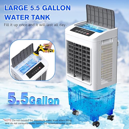 Miniatura 2 de Enfriador evaporativo portátil de 2200 CFM, enfriador de pantano personal de oscilación de 120° con control remoto, temporizador, humidificador, 3