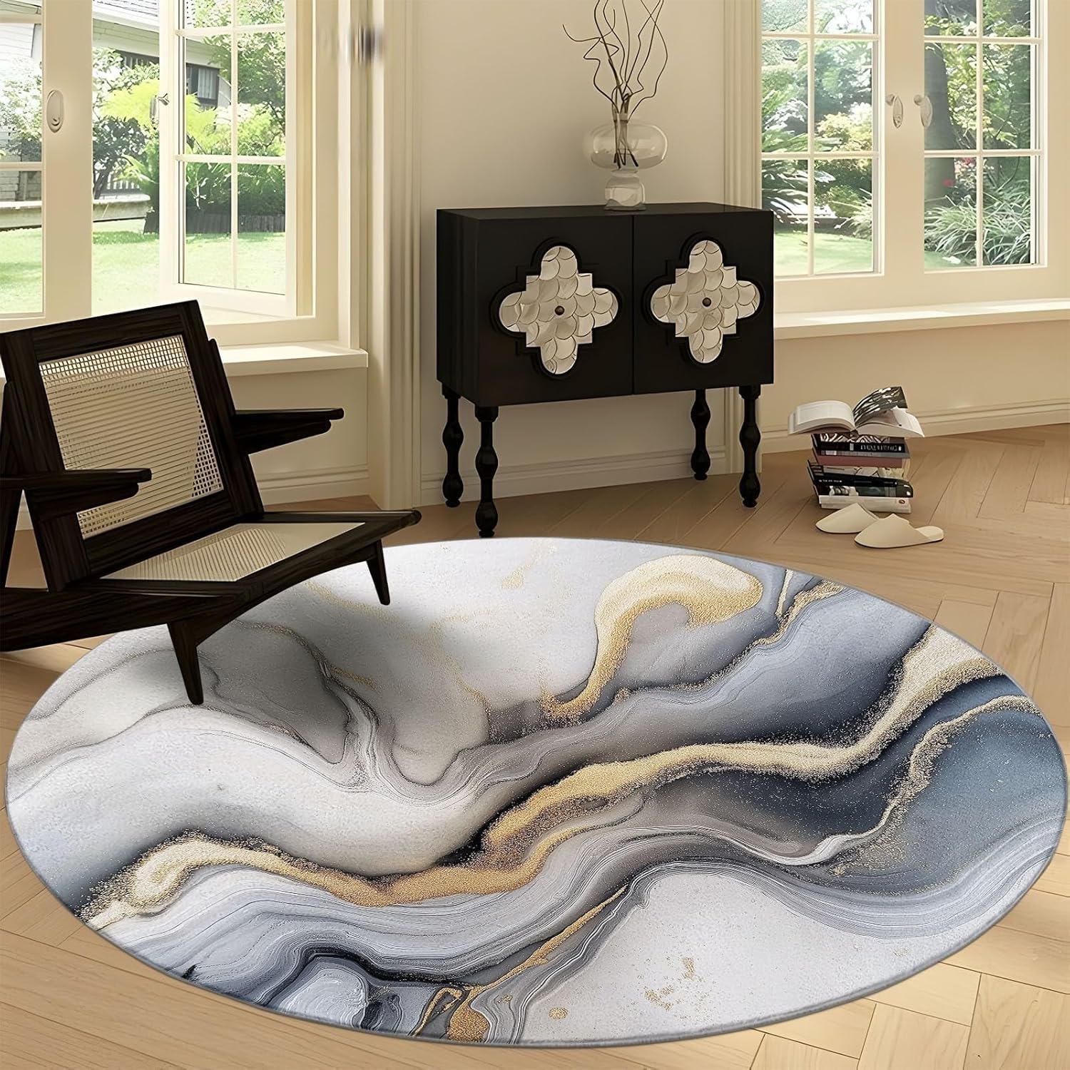 2' x 2' Round Area Rugs Machine Washable, Abstract Marble Gold Texture Rug Soft Indoor Carpet, Watercolor Style Low Pile Rugs, for Living Room Bedroom Dining Room Decor Round Rug