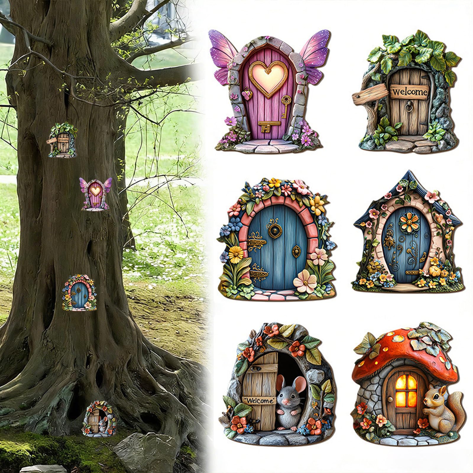 6 Pezzi Porte di Legno Delle Fate, Porticina Elfo Dell'Albero Del Giardino Delle Fate, Decorazione Giardino Miniatura 2D con Porticina Elfo Albero, Accessorio Artistico per Esterni Casa