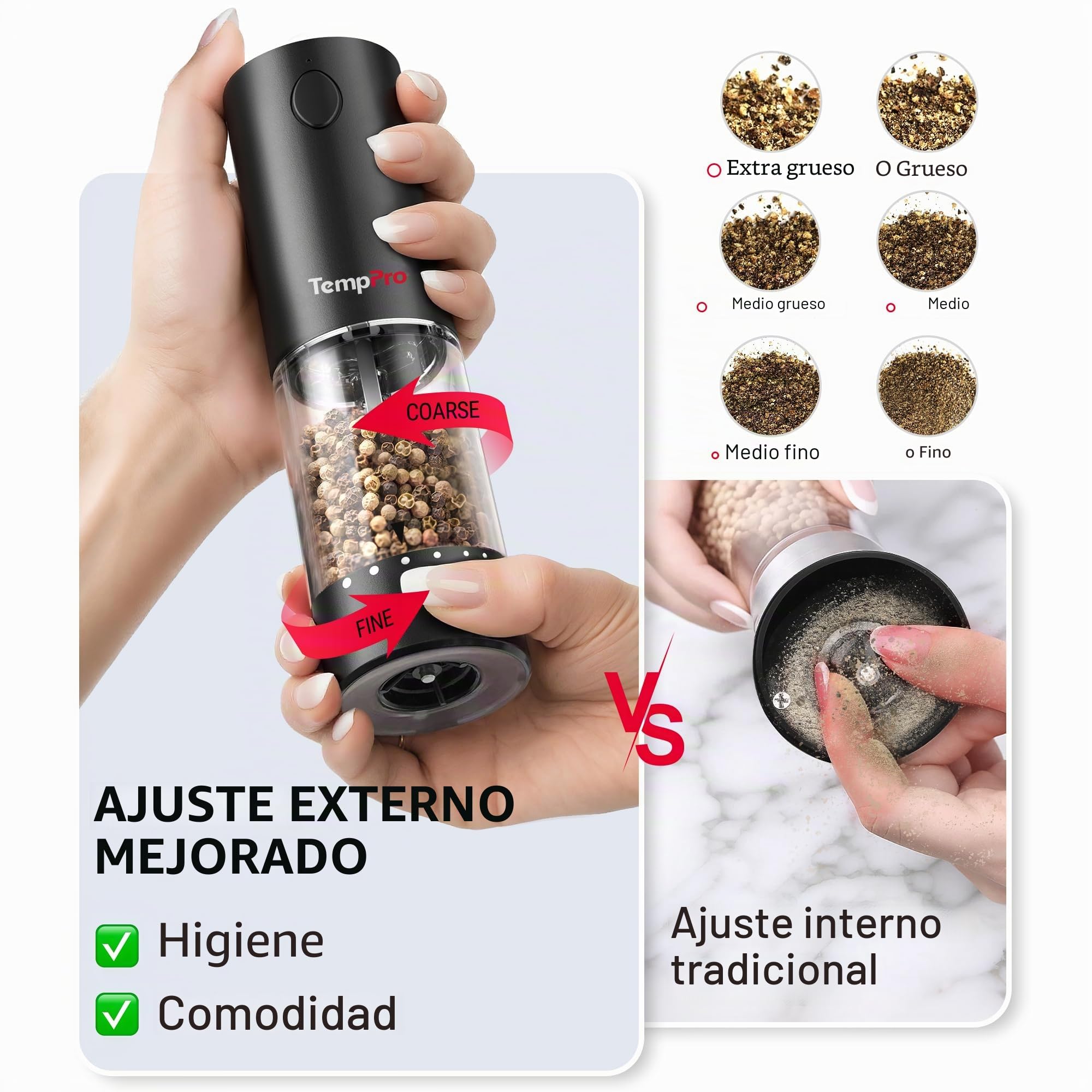 TempPro Juego de Molinillo eléctrico de sal y pimienta, recargable | con iluminación LED, Fácil de limpiar, Funcionamiento con una sola mano, 110 ml para la cocina (Anteriormente ThermoPro)
