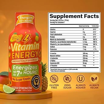 Vitamin Energy Tropical Infusion Extra Strength Energy Shot, 48 Pack - Up to 7 Hrs, 260mg Natural Caffeine, Zero Sugar - BCAAs + CoQ10, Focus Support, B12 B6 Niacin, 1.93 fl oz, Keto Vegan