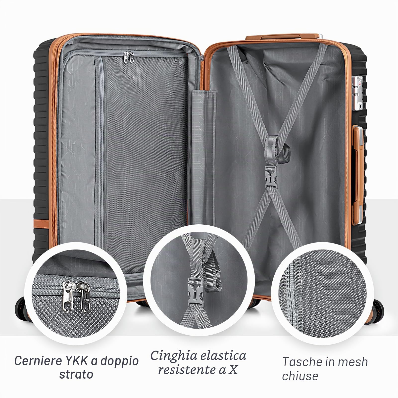 Joyway Set Valigie 6 pezzi guscio rigido ABS 4 ruote, serratura TSA, Nero | Astuccio cosmetici, borsa viaggio espandibile, borsa toilette inclusi. Valigia espandibile, cerniere YKK, ruote doppie 360°